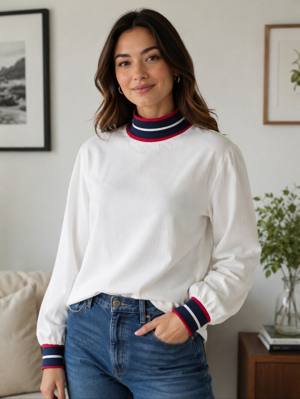 Noisy May White Top with Navy and Red Trim